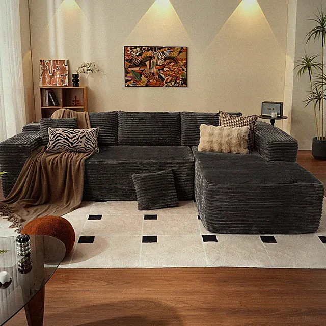 104 Boneless L-Shape Chaise Sectional Sofa Deep for Seat Grey Plush Corduroy