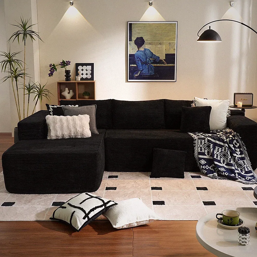 104" Boneless L-Shape Chaise Sectional Sofa Deep Seat Black Corduroy No Assembly
