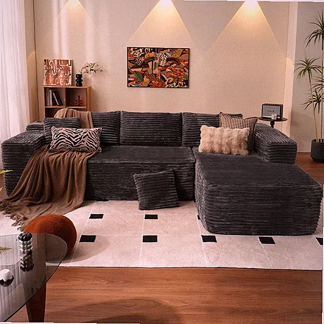 104 Boneless L-Shape Chaise Sectional Sofa Deep Seat Grey Plush Corduroy