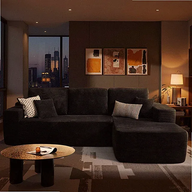104" Boneless Sectional Sofa L Shaped Deep for Seat Chaise No Assembly Black Gli