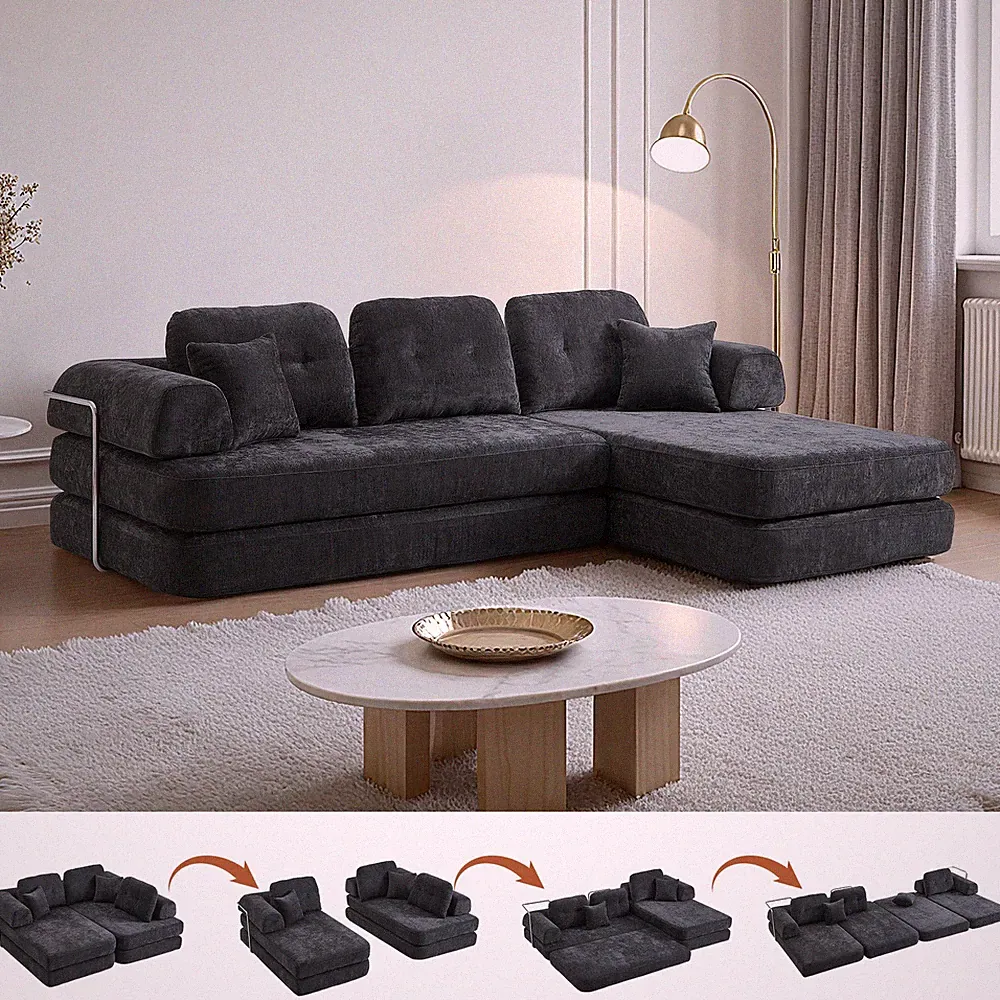 104" Boneless sofa,Sectional Compressed Couch w/Chaise,Deep Seat Modular Sectio
