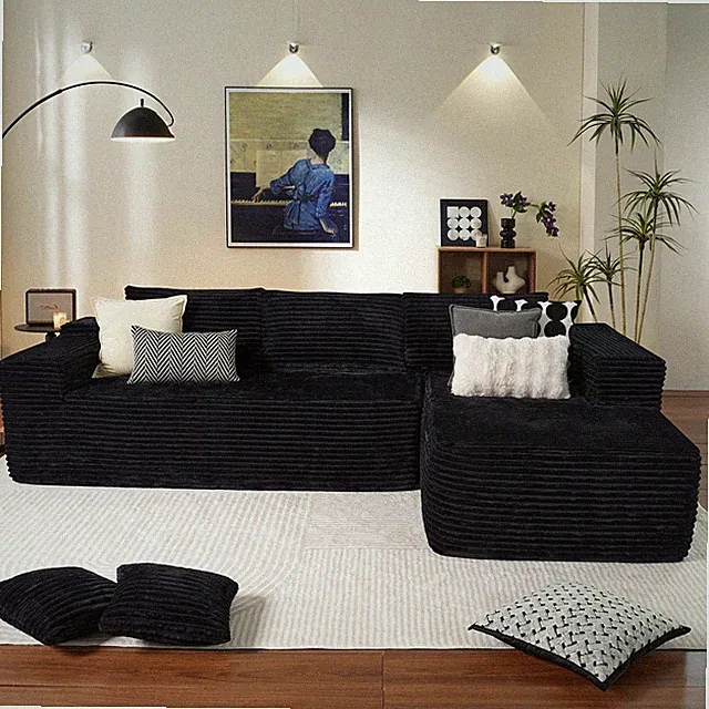 104 Cloud Boneless L-Shape Chaise Sectional Sofa Deep for Seat Black Plush Cordu