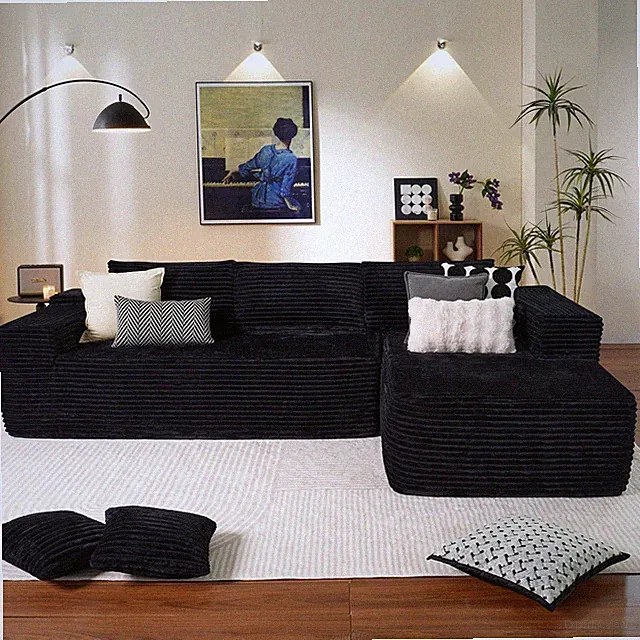 104 Cloud Boneless L-Shape Chaise Sectional Sofa Deep Seat Black Plush Corduroy