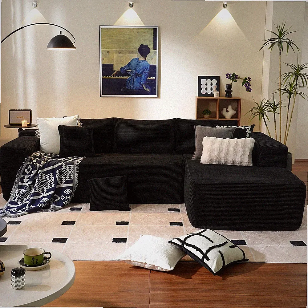 104 Cloud Boneless Sectional Sofa L-Shape Chaise Deep for Seat Black Corduroy