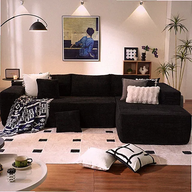 104 Cloud Boneless Sectional Sofa L-Shape Chaise Deep Seat Black Corduroy