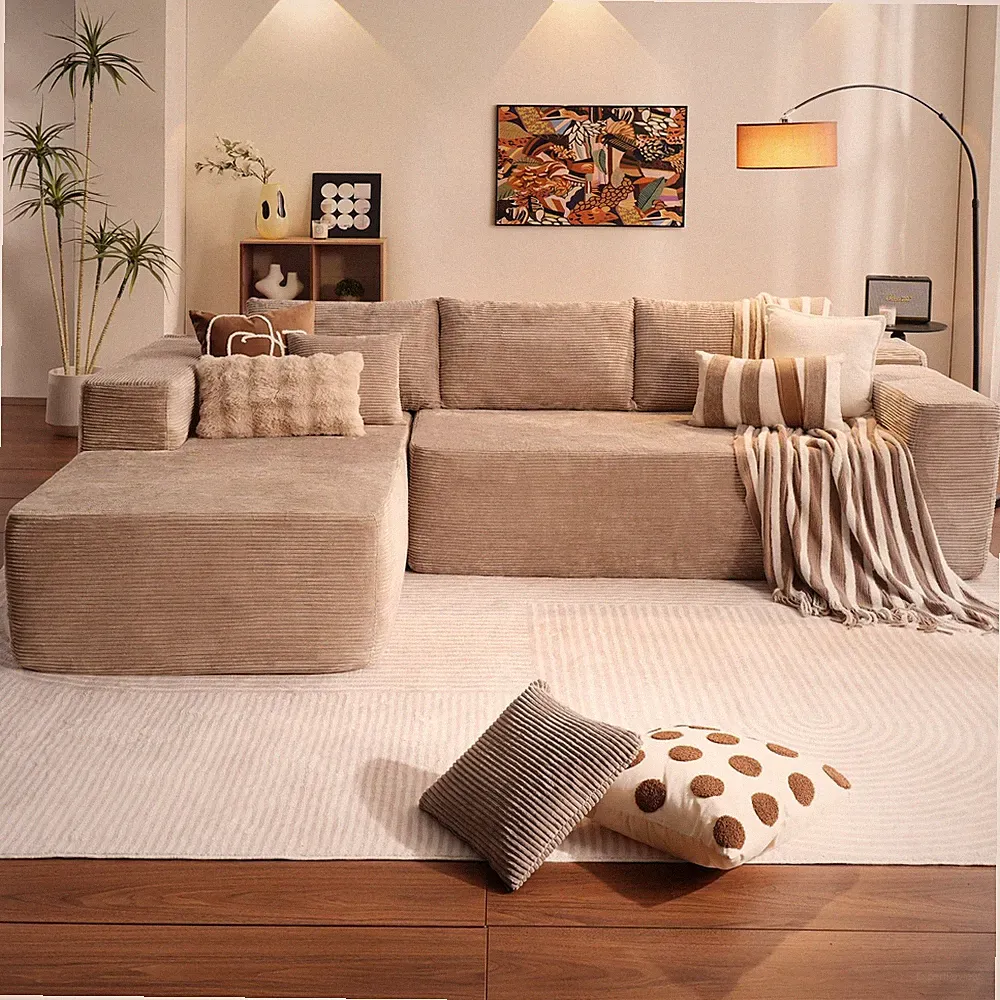 104 Cloud Boneless Sectional Sofa L-Shape Chaise Deep Seat Camel Corduroy