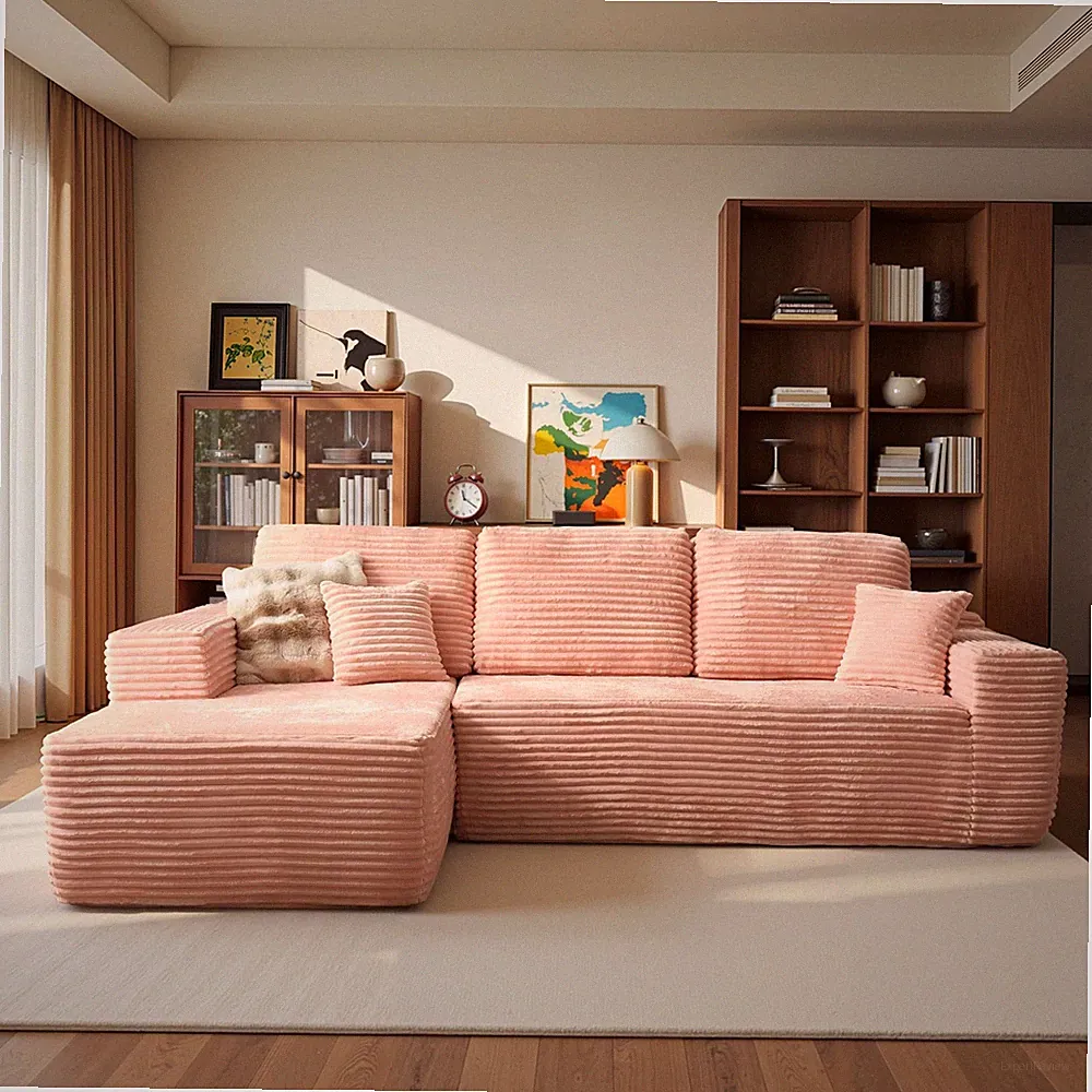 104 Cloud Boneless Sectional Sofa L-Shape Chaise Deep Seat Pink Plush Corduroy