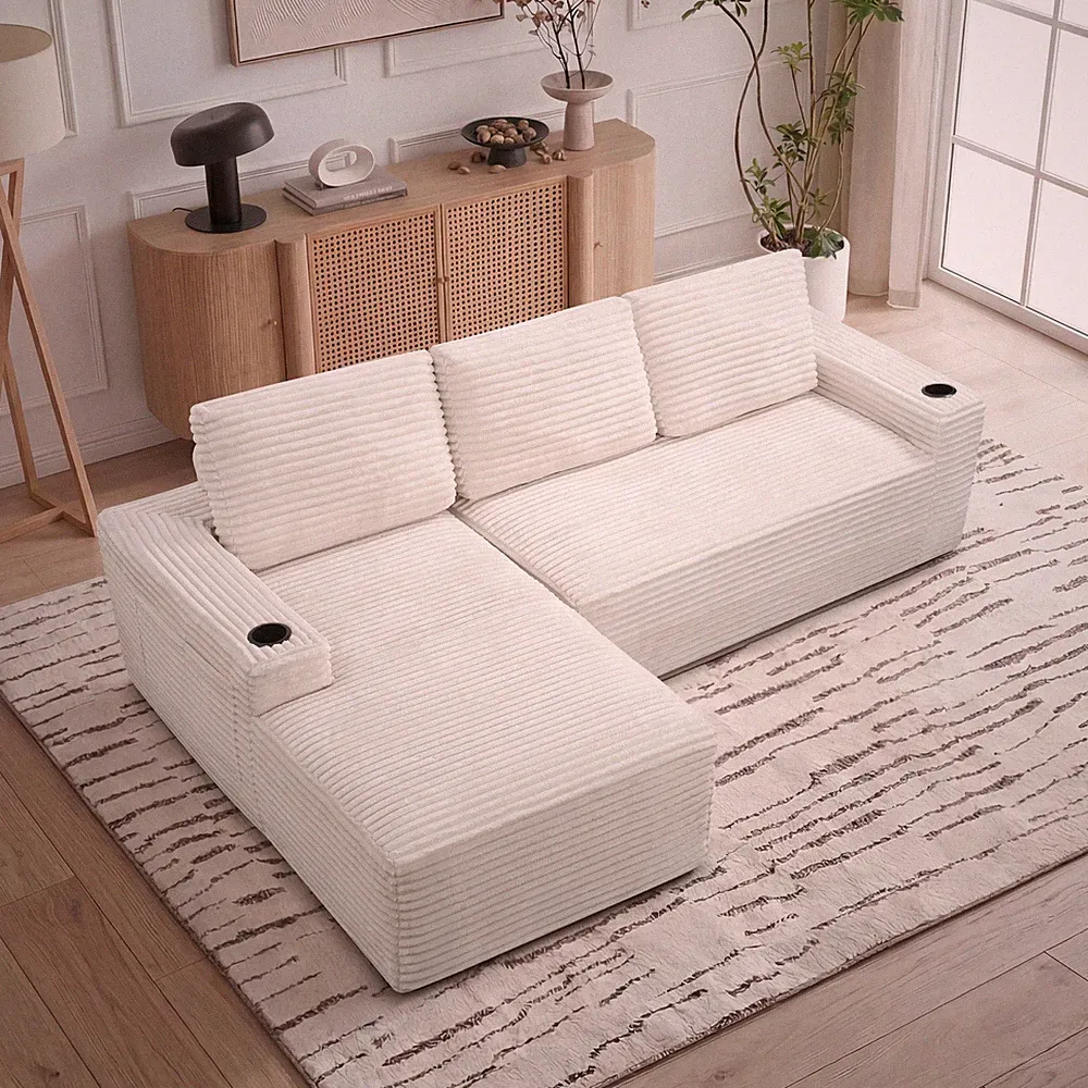 104" Cloud Sectional Sofa, Corduroy L-Shape Chaise, Cream White
