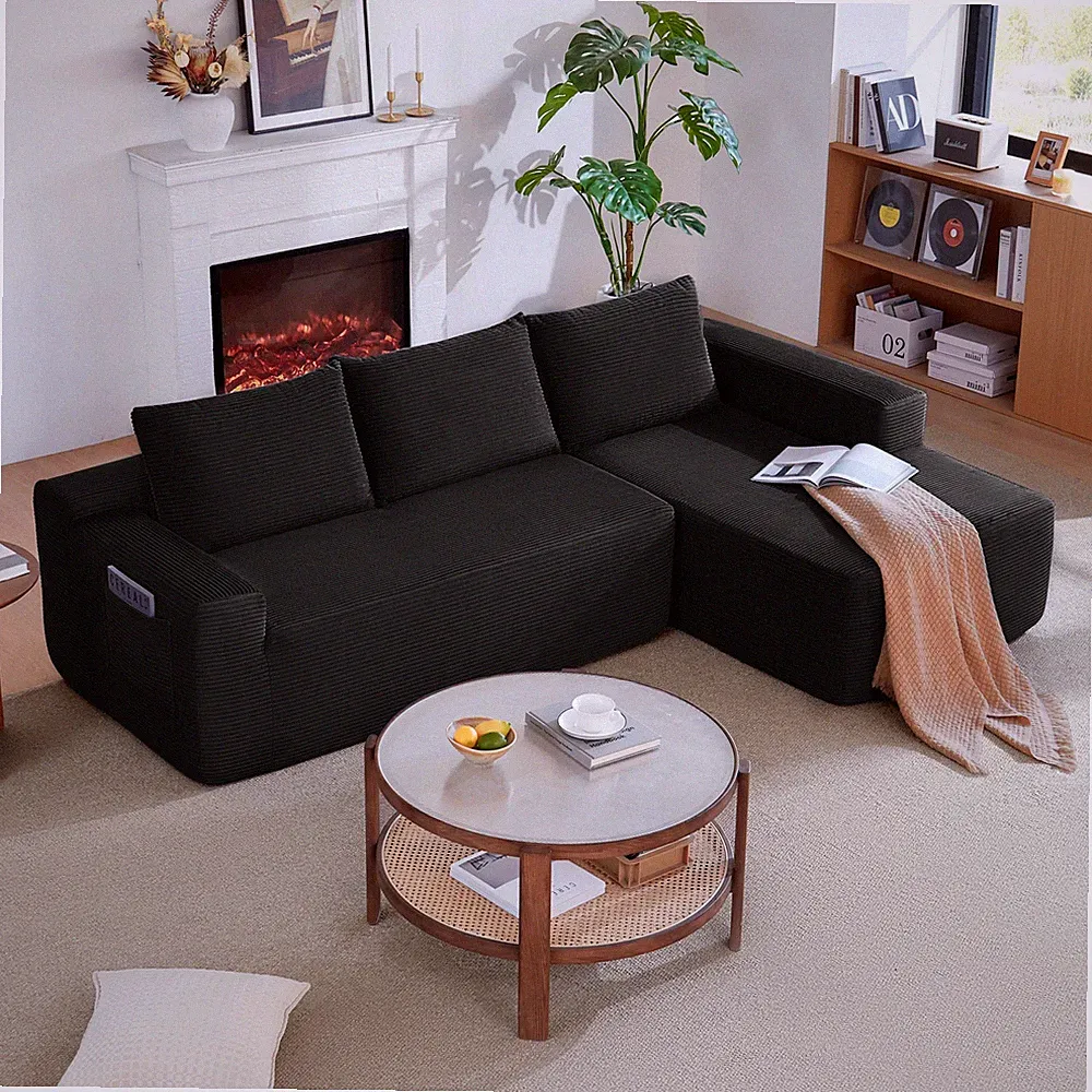 104" Cloud Sectional Sofa L-Shape Chaise Corduroy Black