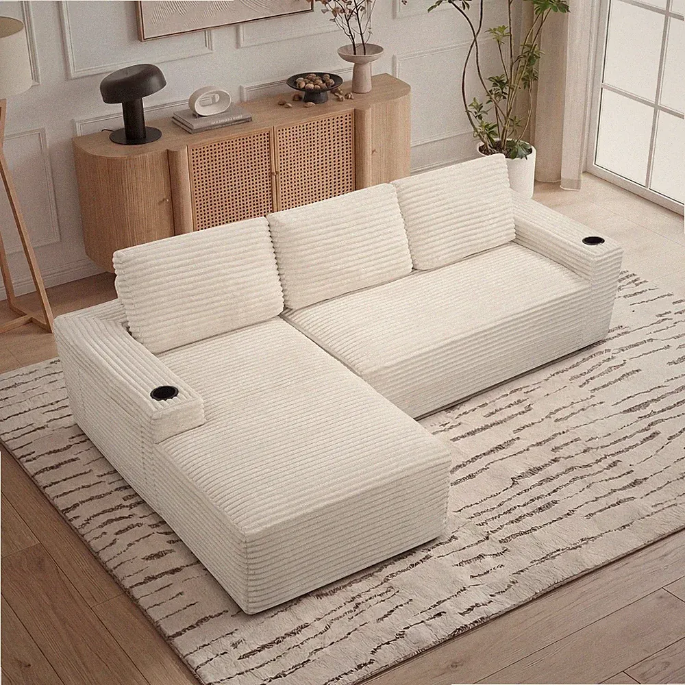 104" Cloud Sectional Sofa, Left Chaise, Deep Seat Corduroy Couch, Cup Holders
