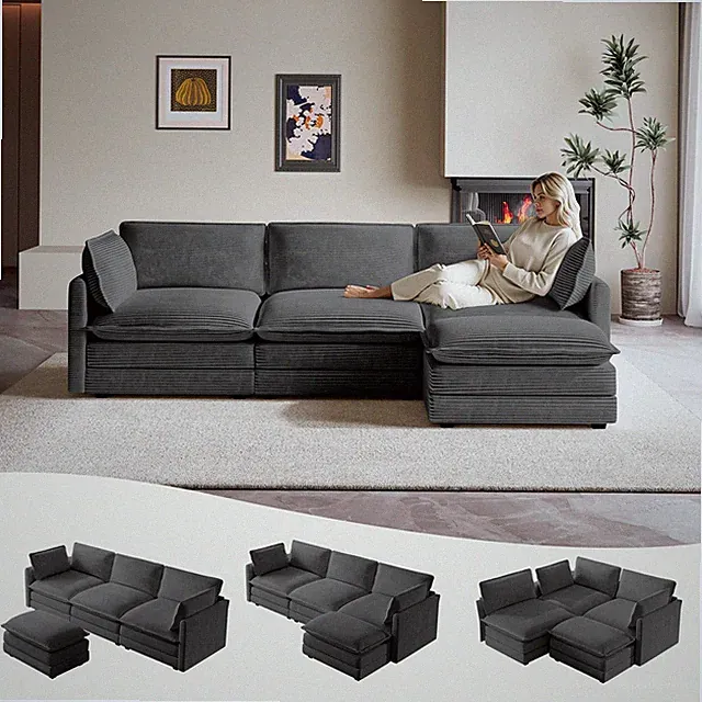 104" Cloud Sectional Sofa w/ Ottoman 4-Seat Corduroy L-Shape Dark Grey