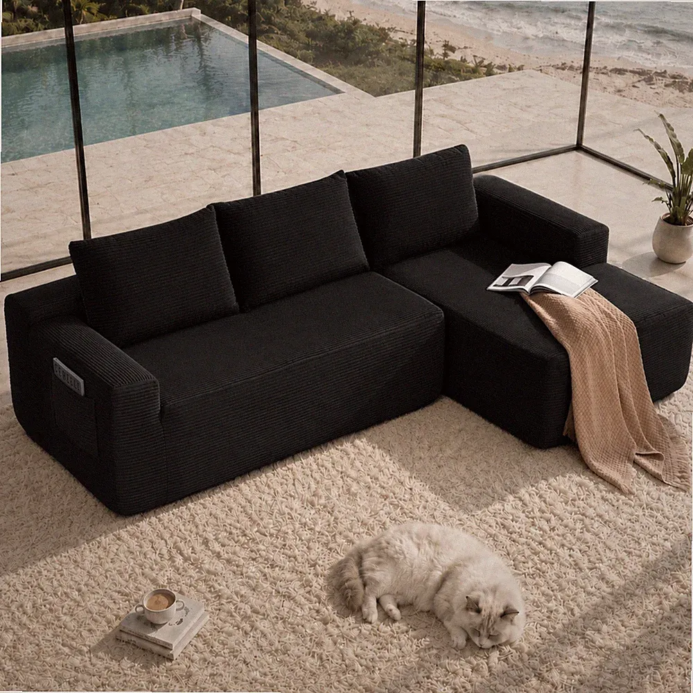 104" Cloud Sectional Sofa with L-Shape Chaise, Corduroy, Black