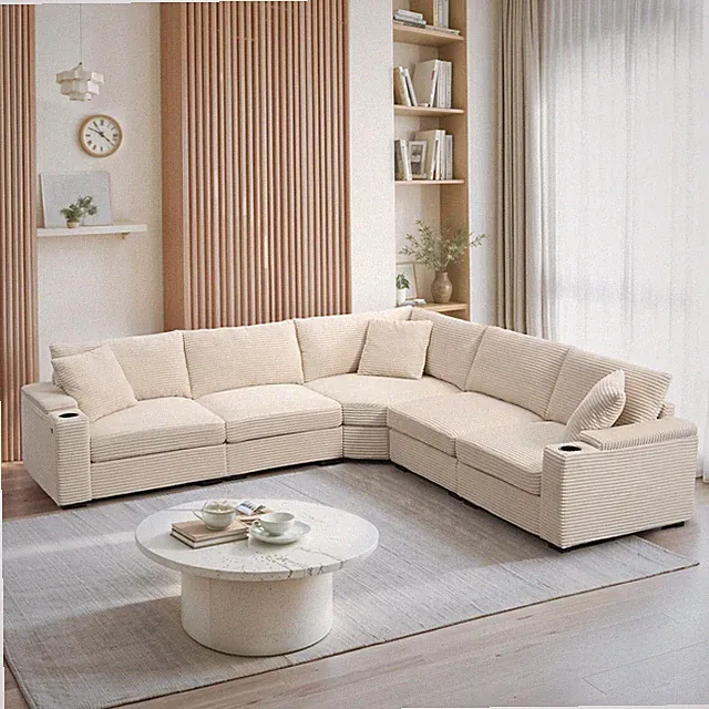 104" Convertible L-Shaped Sectional Sofa,Corduroy Corner Couch with Armrest Stor