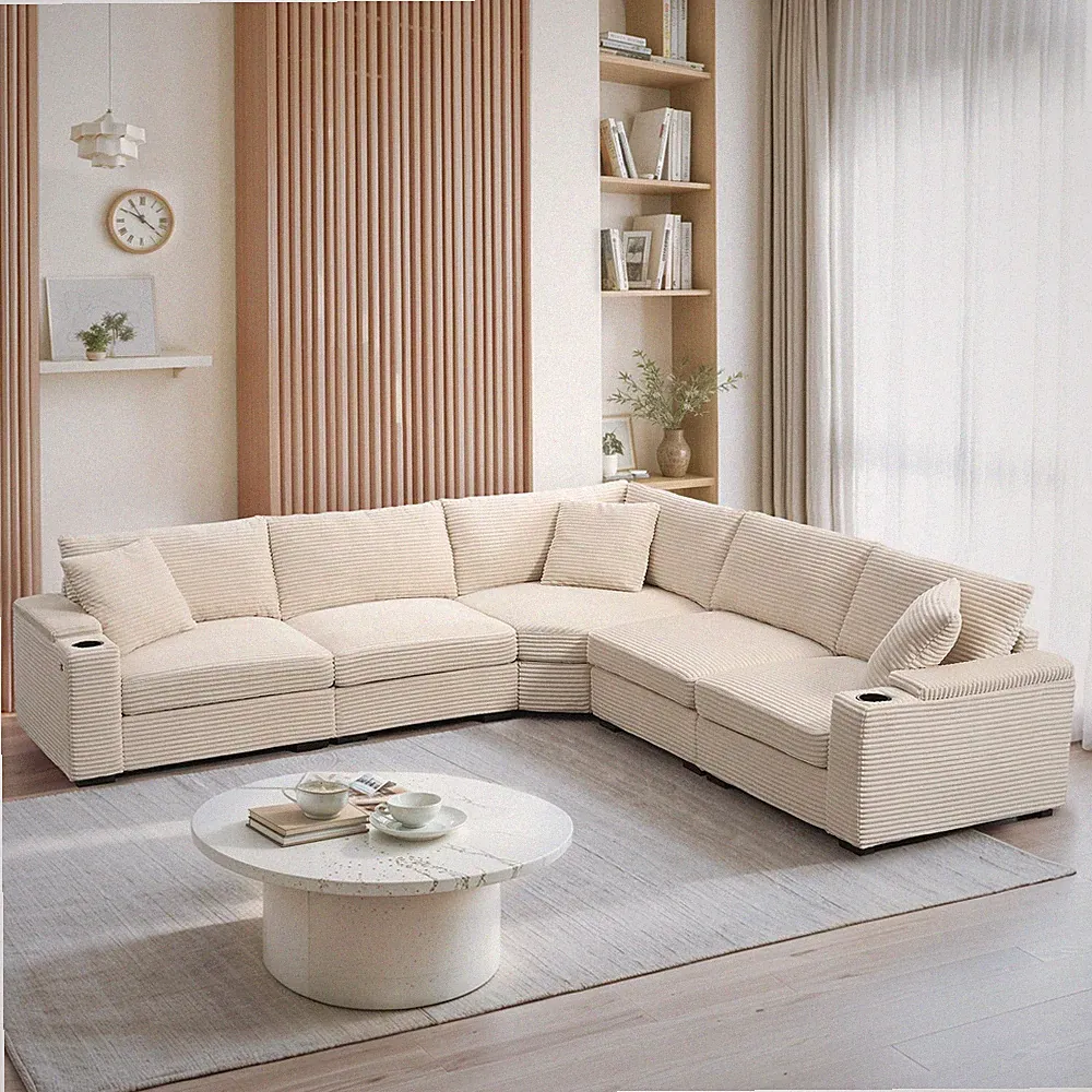 104" Convertible L-Shaped Sectional Sofa,Corduroy Corner Couch with Armrest Stor