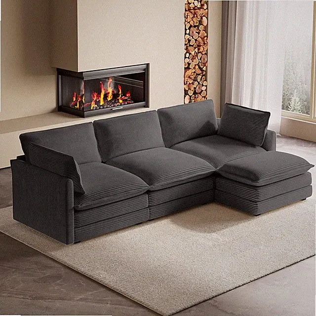 104 inch Modular Sectional Sofa 4-Seat Deep Seat L-Shaped Corduroy Grey Ottoman