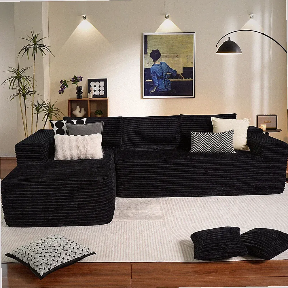 104" L-Shape Chaise Sectional Sofa Deep for Seat Black Corduroy No Assembly