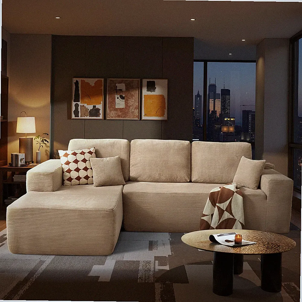 104 L Shape Sectional Sofa Chaise Glitter Fabric Deep for Seat No Assembly Camel