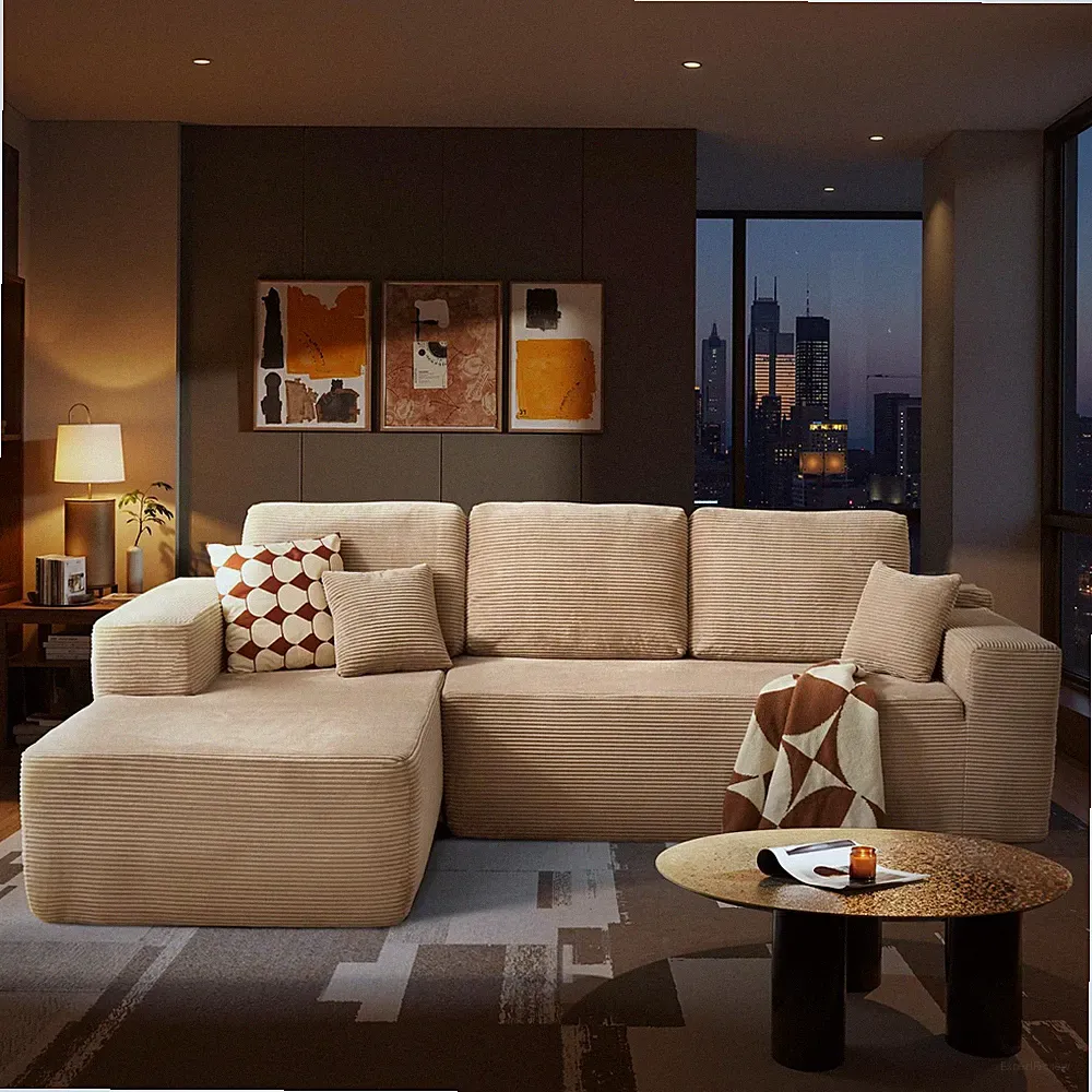 104 L Shape Sectional Sofa Chaise Glitter Fabric Deep for Seat No Assembly Camel