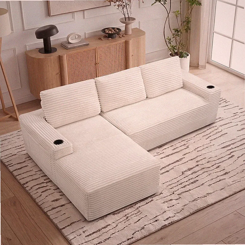104" L-Shape Sectional Sofa, Deep Seat Corduroy Cloud Couch, Left Chaise