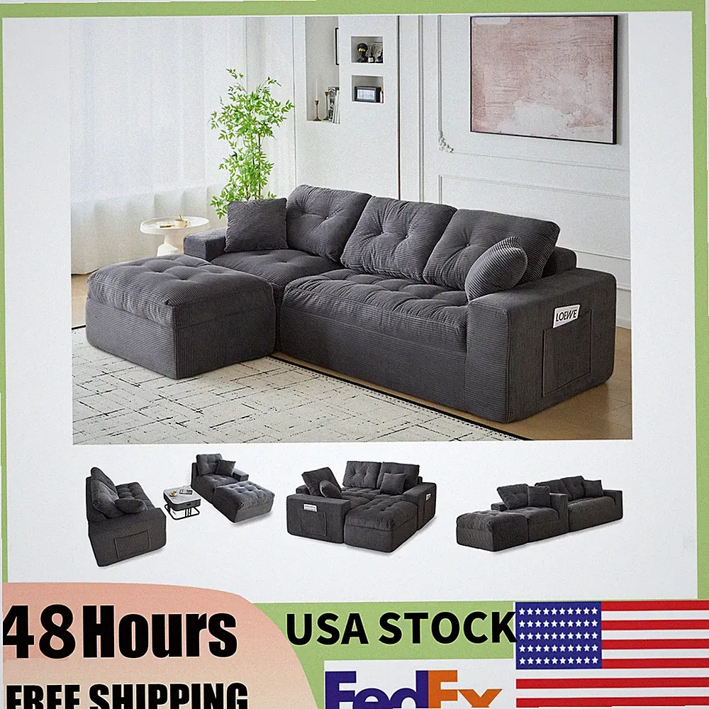 104" L Shaped Cloud Modular Sectional Couch Boneless Couch W/Cup Holders USStock