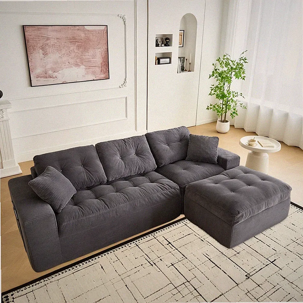 Modular Sectional Sofa, Corduroy Cloud 4-seater Couch w/Ottoman for Living Room