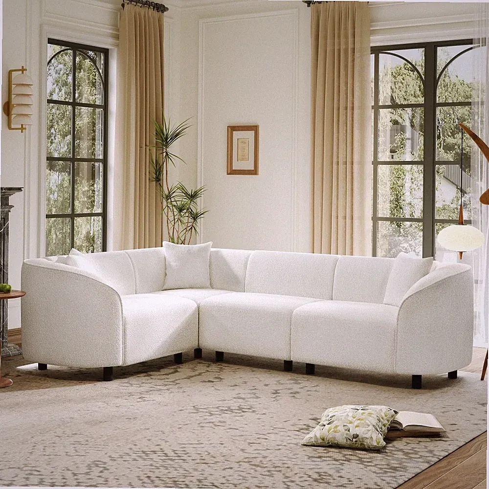 104" L-Shaped Curved 4-Seater Sectional Sofa in Beige w/ Bouclé Upholstery