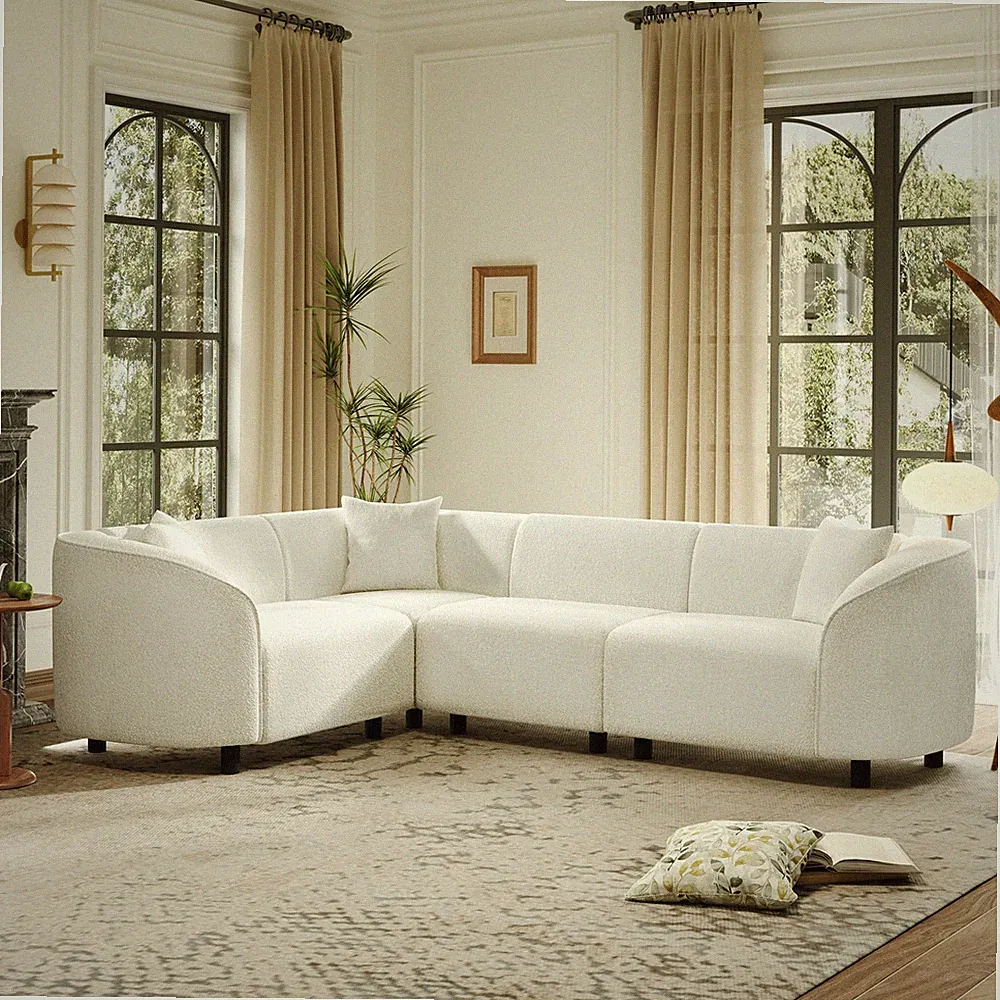 104" L-Shaped Curved Contemporary Sectional Sofa in Beige: Plush 4-Seater, Sculp