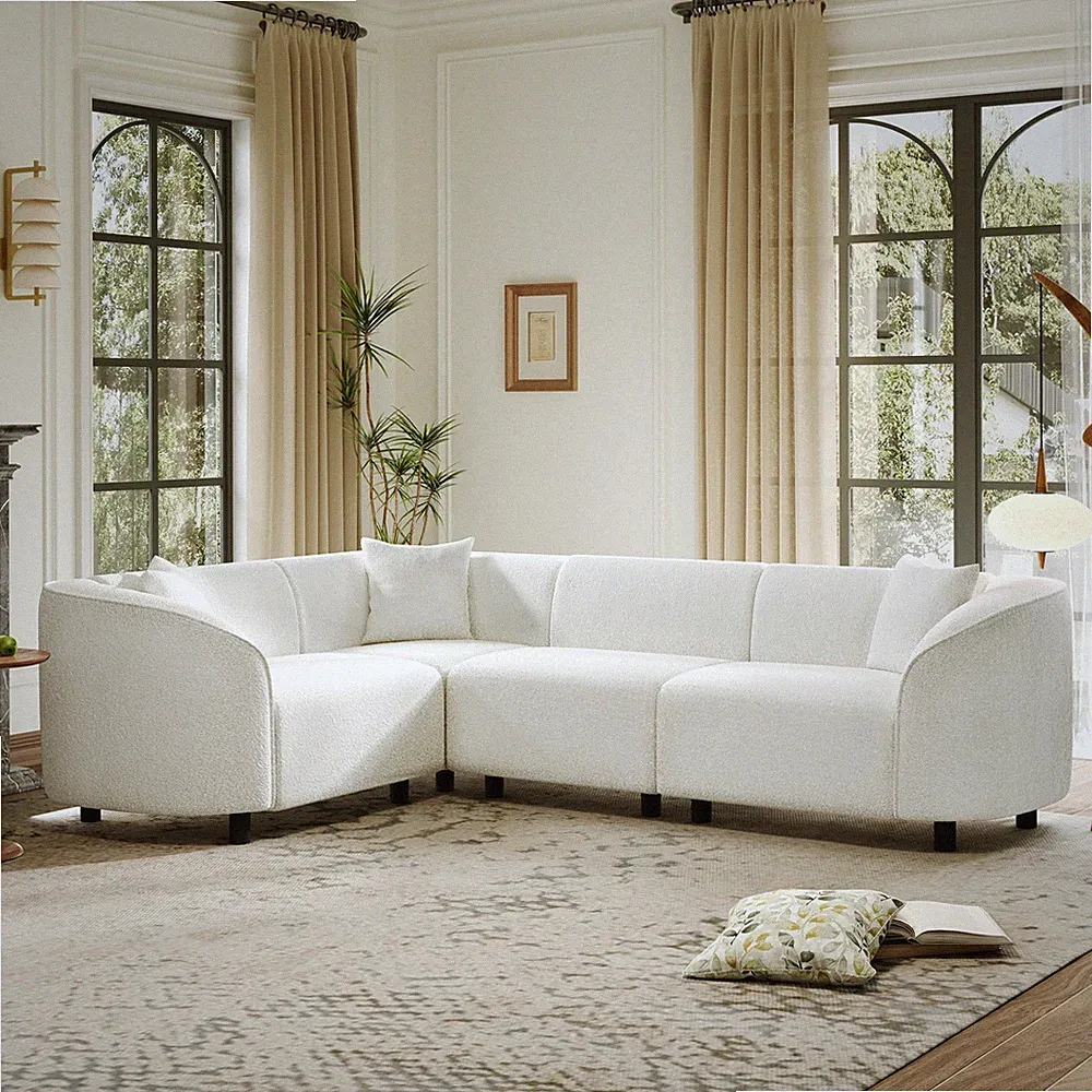 104" L-Shaped Curved Contemporary Sectional Sofa in Beige: Plush 4-Seater, Sculp