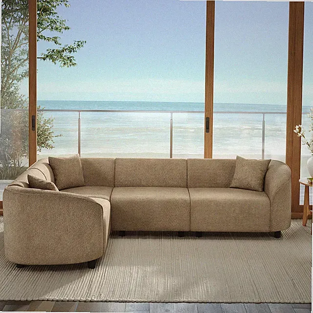 104" L-Shaped Curved Sectional Sofa in Camel, 4-Seater, Bouclé Fabric
