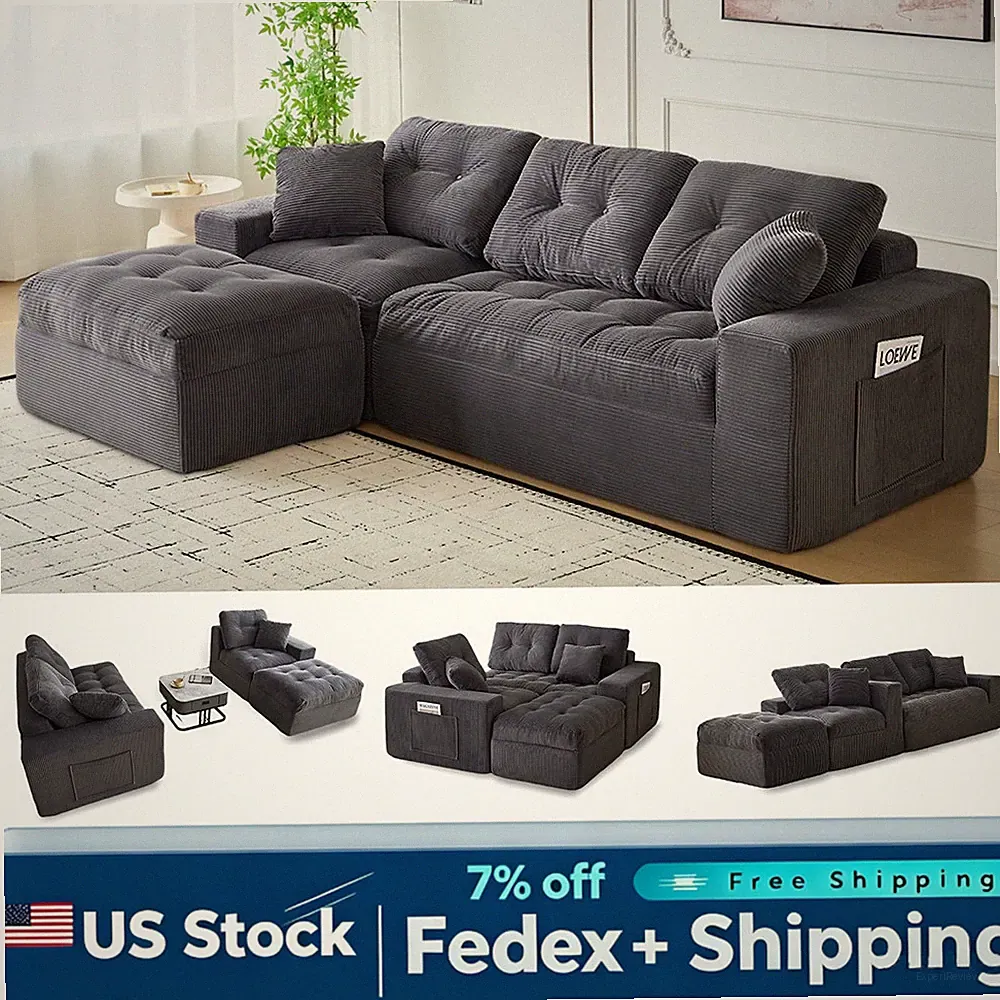 104" L Shaped Modular Sectional Cloud Couch, Comfy Corduroy Upholstered Sofa