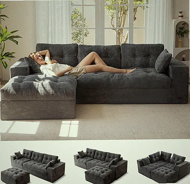 104" L Shaped Modular Sectional Sofa with Ottoman, Cloud Boneless Couch with Lay