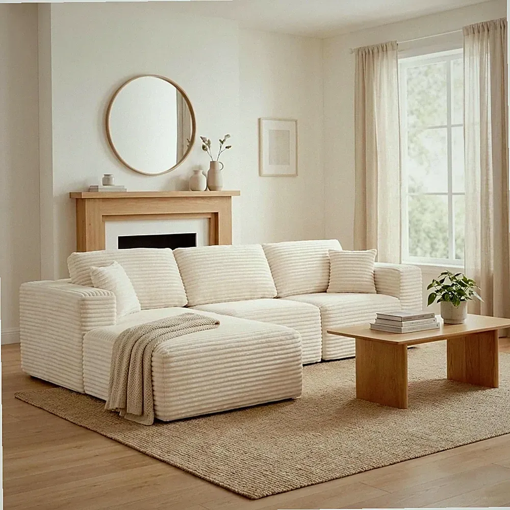 104" L-Shaped Modular Sofa, Cream Upholstered Cloud Couch, No Assembly Needed