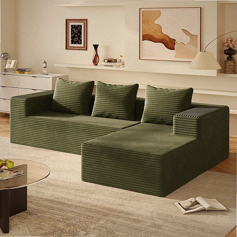 104'' Modular Cloud Couch Left Facing Chaise L Shape Memory Foam Corduroy Green