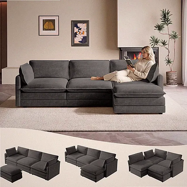 104'' Modular Cloud Couch with Movable Ottoman - Dark Grey L Shaped Sofa