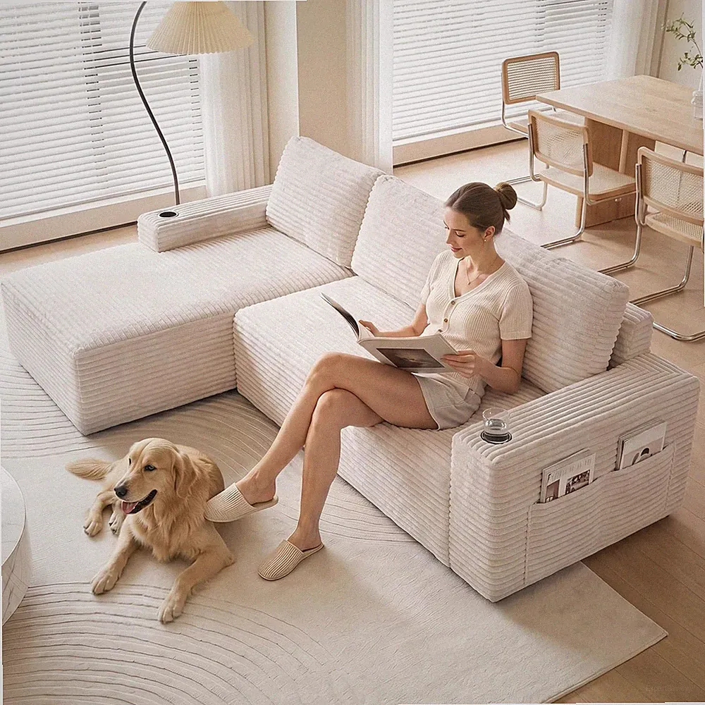 104" Modular Sectional Couch Corduroy Boneless Couches with L-Shape Chaise