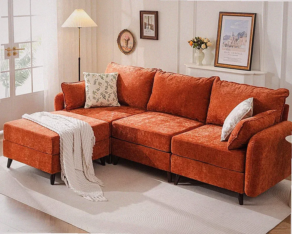 104'' Modular Sectional Sofa with Storage,L Shaped,Velet,Orange