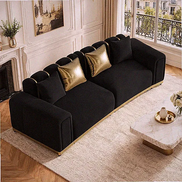 104" Oversized Chesterfield Sofa Luxury Velvet Black and Gold Couch, Black