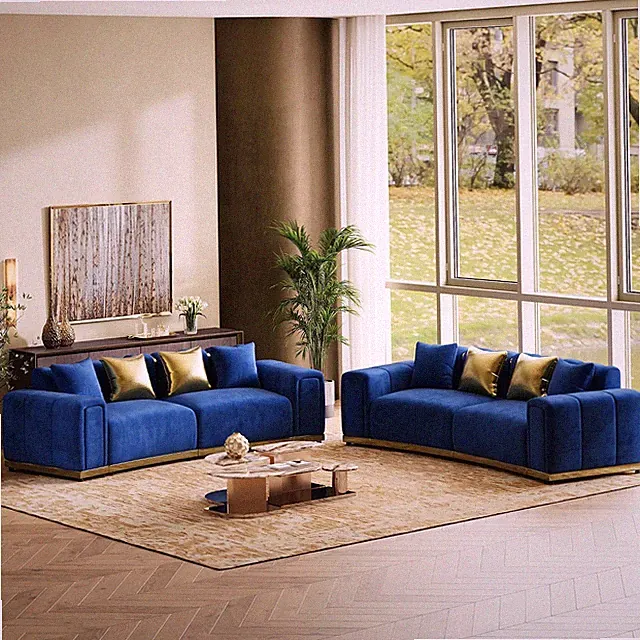 104" Oversized Chesterfield Sofa Set of 2, Luxury Velvet Gold Couch, Blue