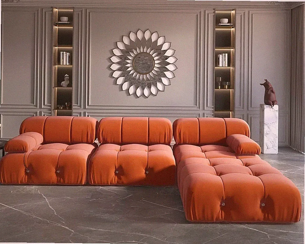 104" Sectional Couches for Living Room, L-Shaped Minimalist Velvet Sofas, Mid-Ce
