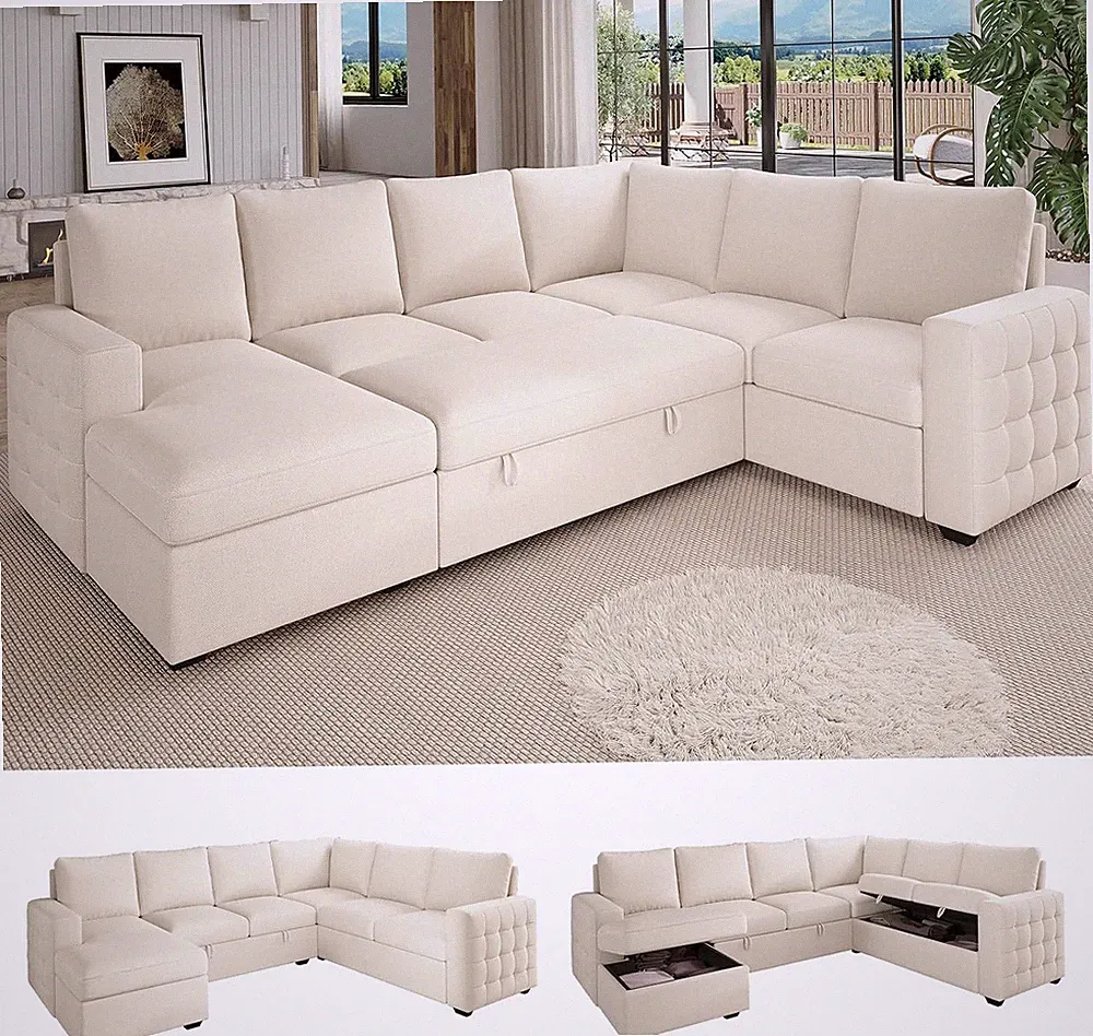104" Sectional Sleeper Sofa Bed, U Shaped Pull Out Couch with Storage, 7 Seat Cl