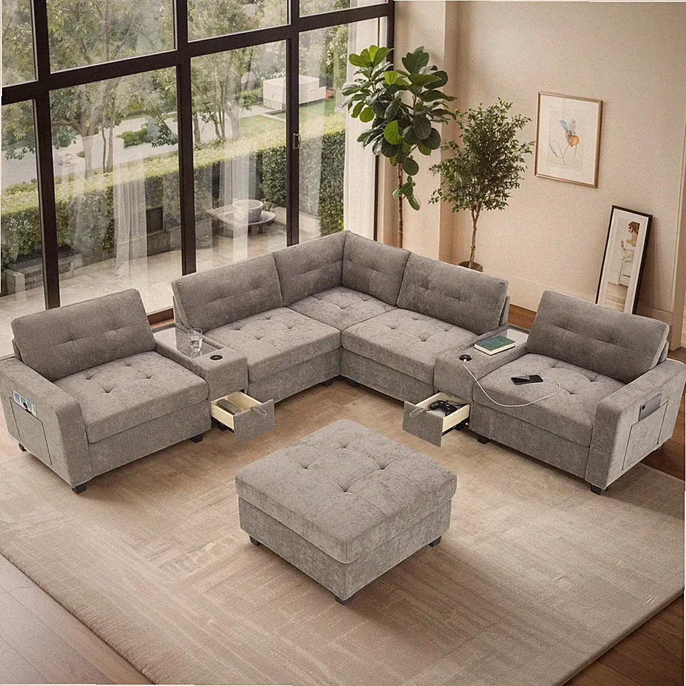 104'' Sectional Sofa with Acrylic Table Top,Chenille U Shaped Couch Set with 2