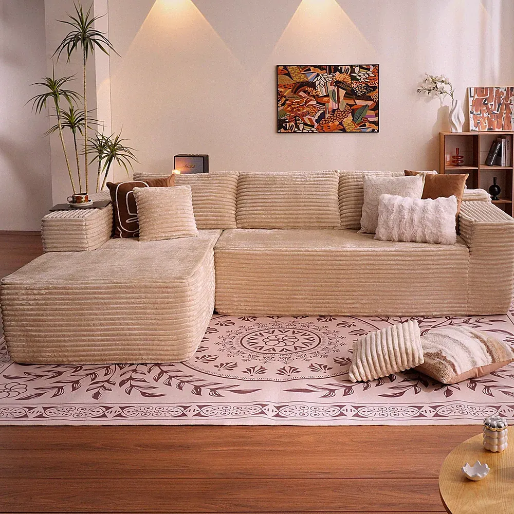 104" Sectional Sofa with L-Shape Chaise Deep Seat Beige Corduroy No Assembly