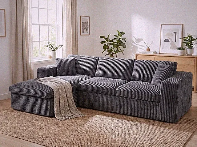 105" Boneless Modular Sofa L-Shaped Chaise Memory Foam Plush Corduroy Dark Grey