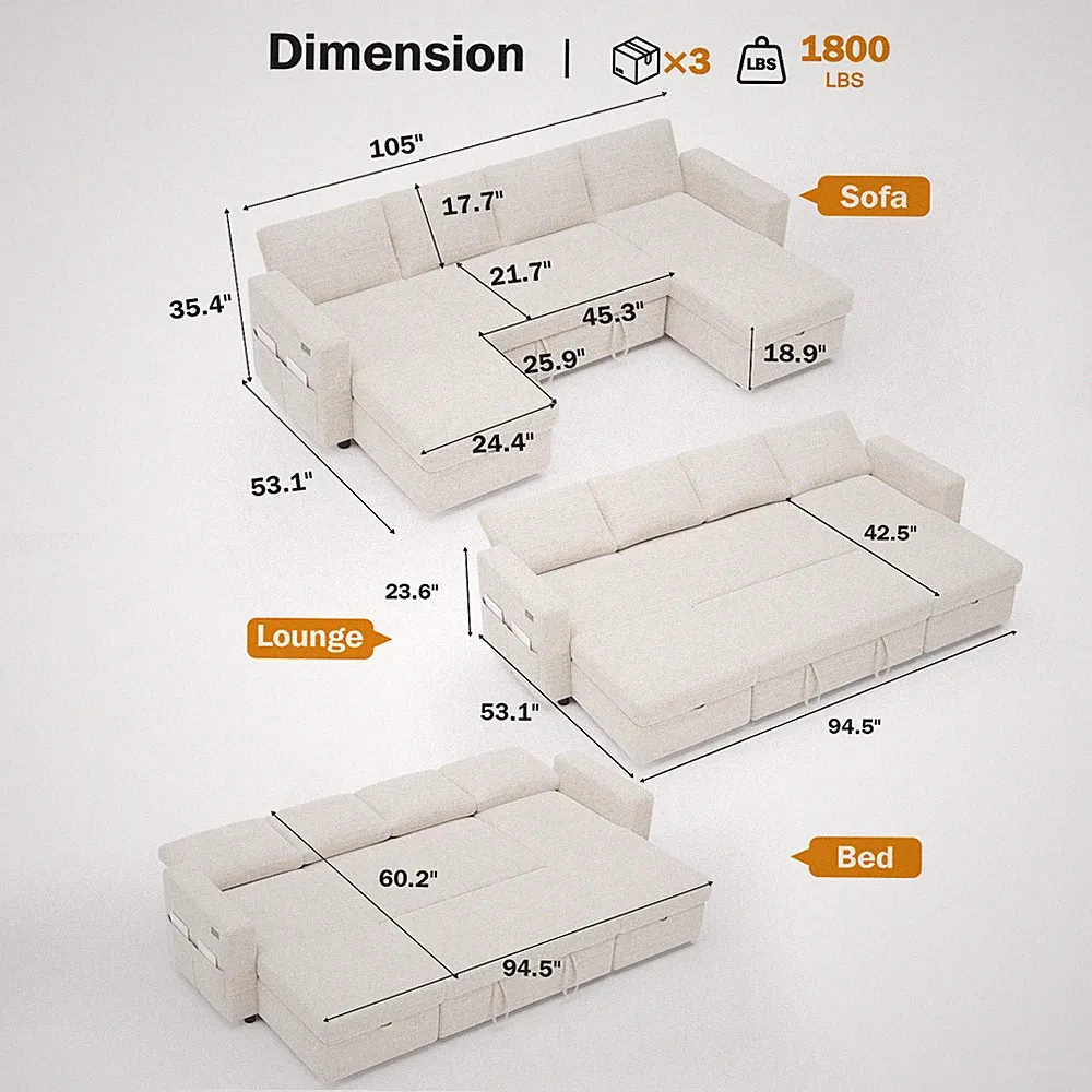 105" Folding Sofa Bed U Shaped Couch with Reversible Storage Chaise &USB Ports