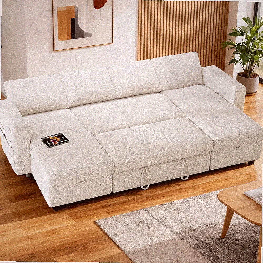 105" Folding Sofa Bed U Shaped Couch with Reversible Storage Chaise &USB Ports