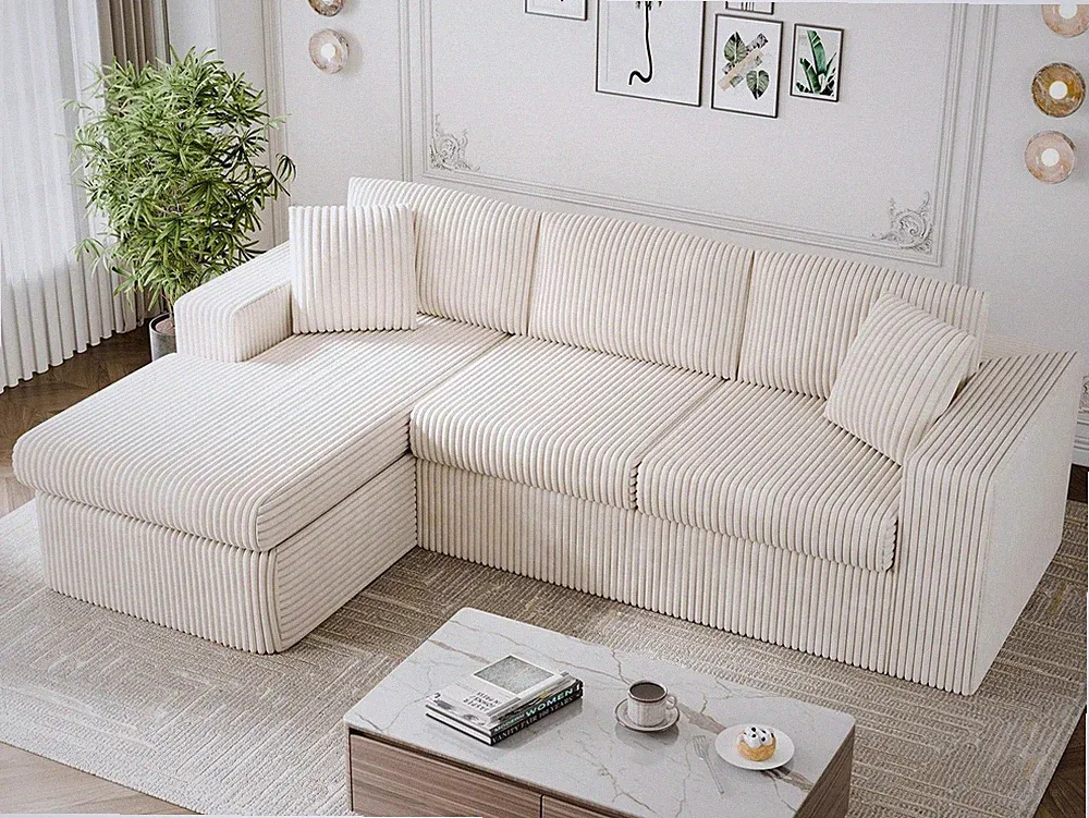 105 inch Sectional Modular Sofa L Chaise Memory Foam Couch Corduroy Beige