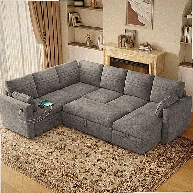 105 Inch U-Shaped Sectional Sleeper Sofa with Pull Out Bed Storage Chaise Grey