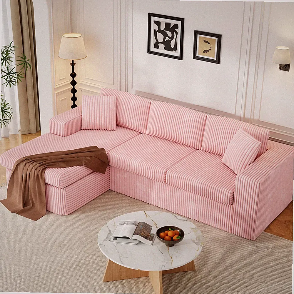 105" L-Shape Modular Sofa Chaise Cloud Deep Seat Memory Foam Corduroy Baby Pink