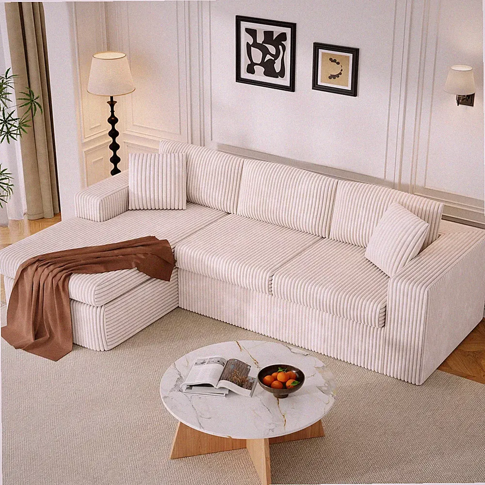 105" L-Shape Sectional Sofa Oversized Chaise Memory Foam Corduroy Cream Beige