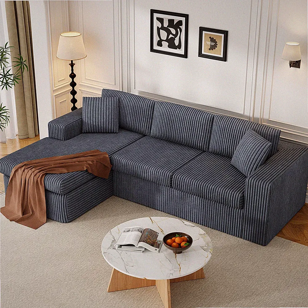 105" L-Shape Sectional Sofa Oversized Chaise Memory Foam Corduroy Dark Grey